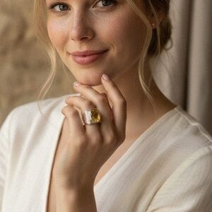 .925 Sterling silver & Yellow Oval Stone cocktail ring Estate Jewelry Statement